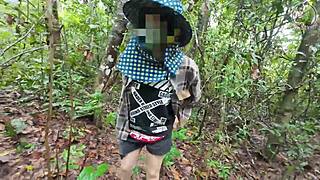 Does Thai babe suddenly pee picking mushrooms in forest?