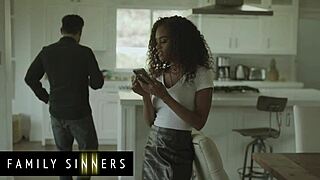 ebony babe bent over moaning while daddy licks spanks her shaved wet pussy