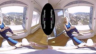 Blonde milf in heels rides cock training pussy POV