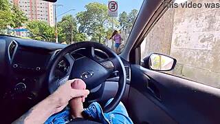 guy jerks off in car watching hot babe at bus stop intriguing public thrill