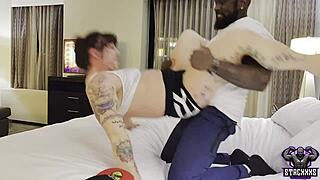 Bodybuilder milf housewife ecko belle wrestles interracial cock with bent over doggystyle riding.