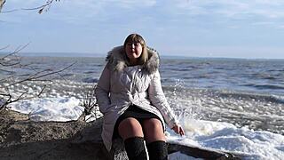 wanna see this fat milf piss outdoors smoke and flash hairy pussy no panties short skirt?