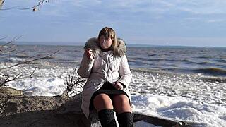 wanna see this fat milf piss outdoors smoke and flash hairy pussy no panties short skirt?