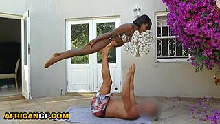 Ebony amateur couple interracial doggystyle pounding during outdoor yoga workout