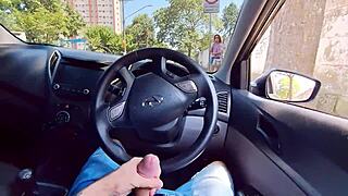 guy jerks off in car watching hot babe at bus stop intriguing public thrill