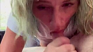 Heart pounding as streetwalker in wet t-shirt sucks cock deep in backseat swallows every drop after cum