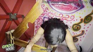 naughty bride bent over fucked doggystyle by two men in bdsm room