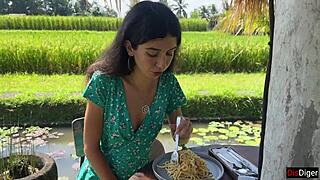 cumwalk public cafe slurping pasta carbonara with thick sperm dripping down face