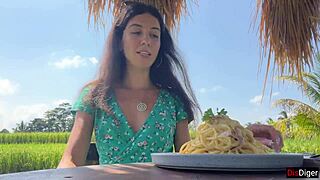 cumwalk public cafe slurping pasta carbonara with thick sperm dripping down face