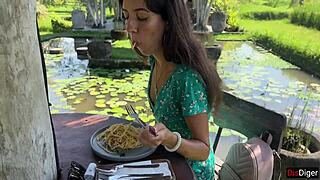 cumwalk public cafe slurping pasta carbonara with thick sperm dripping down face