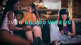 Oiled blonde latina roommates Carter Cruise and Eliza Ibarra scissor pussy in dorm massage turning erotic