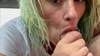 Heart pounding as streetwalker in wet t-shirt sucks cock deep in backseat swallows every drop after cum