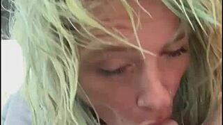 Heart pounding as streetwalker in wet t-shirt sucks cock deep in backseat swallows every drop after cum