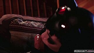 in dark knight xxx parody, aiden ashley rides giovanni francesco's monster cock in latex cosplay