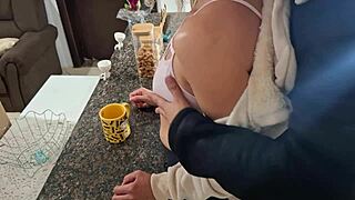 Stepdaughter bent over kitchen table with ripped clothes as mature daddy licks pussy then doggystyles slave in taboo cum on ass finish