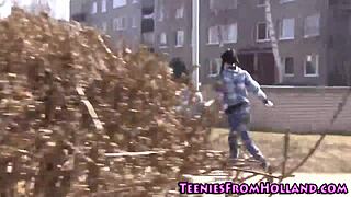 damn, this petite brunette teen's lesbian fingering has her snatch dripping wet