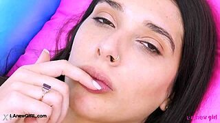 Classic Brunette Beauty Casting Poses Sexy Petite Body on Sofa