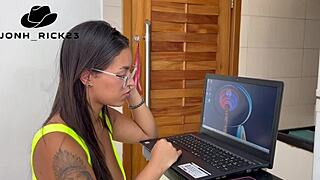 Brazilian Hottie with Juicy Big Ass and Monster Cock Deepthroats Roughly After Lunch Call