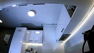 Hottest tattooed redhead cheerleader flashes see-through panties over-knee socks kitchen tease