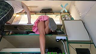 yo, check this hot bitch's perfect pussy peeking from under her sexy skirt