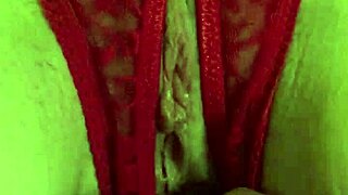 shaved hairless pussy fingered wet in tight red thong panties dripping