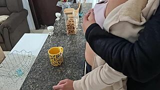 Stepdaughter bent over kitchen table with ripped clothes as mature daddy licks pussy then doggystyles slave in taboo cum on ass finish