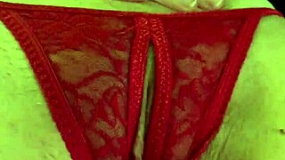 shaved hairless pussy fingered wet in tight red thong panties dripping