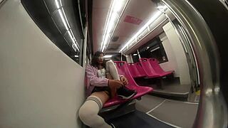 Pigtail shemale in miniskirt takes big black cock anal on public transport to orgasm