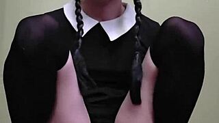 ts wednesday addams rides huge dildo till explosive cum in sexy heels and dress