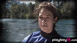 four skinny petite blondes expose huge fake tits and shaved pussies by river