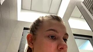 horny 18-19 yo teen with big tits squirts hard in changing room mirror