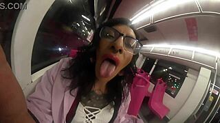 Pigtail shemale in miniskirt takes big black cock anal on public transport to orgasm