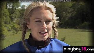 four skinny petite blondes expose huge fake tits and shaved pussies by river