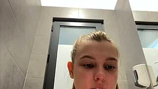 horny 18-19 yo teen with big tits squirts hard in changing room mirror