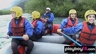 four skinny petite blondes expose huge fake tits and shaved pussies by river