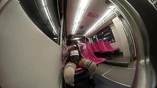 Pigtail shemale in miniskirt takes big black cock anal on public transport to orgasm