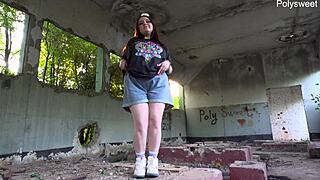 Dancing naked among ruins while buzzing clit with vibrator