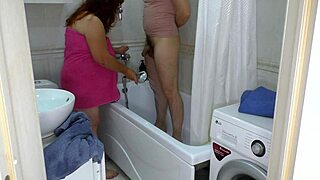 mature milf sucks cock in bathroom then takes anal assfuck