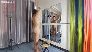 hey check out naked nudist hairdresser regina noir trimming her juicy shaved pussy lips at the beach dorm