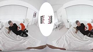 brunette pulls prank with taboo pov handjob and shaved pussy play