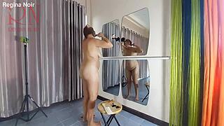 hey check out naked nudist hairdresser regina noir trimming her juicy shaved pussy lips at the beach dorm