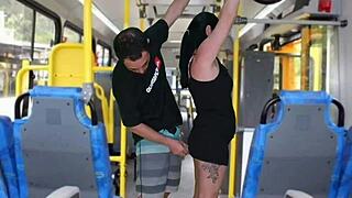 That creepy old guy gropes and jerks off on the busty brunette's ass on the bus