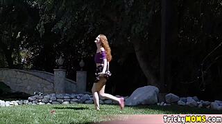 beautiful redhead enjoys her cute pussy outdoors gently