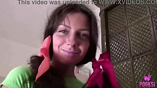 ponytail brunette cofi milan fingers her oiled shaved pussy gaping in college skirt outfit