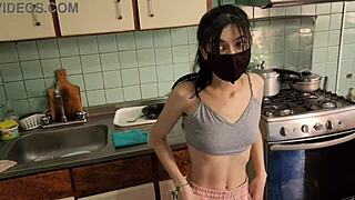 service girl bends over kitchen counter teasing her boss's cock inside 