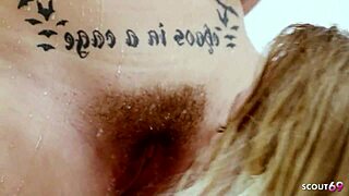 tanned milf seduces pale blonde under shower for steamy lesbian lick