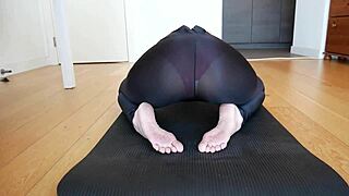 yoga slut stretches in see-through leggings