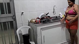 Stepson fucks stepmom in kitchen with massive cumshot