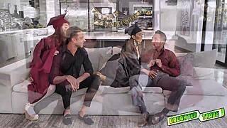 horny brunette and redhead teens kneel side by side sucking cock in bras 😏