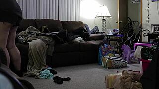 chubby mommy bends in shorts for house cleaning fun